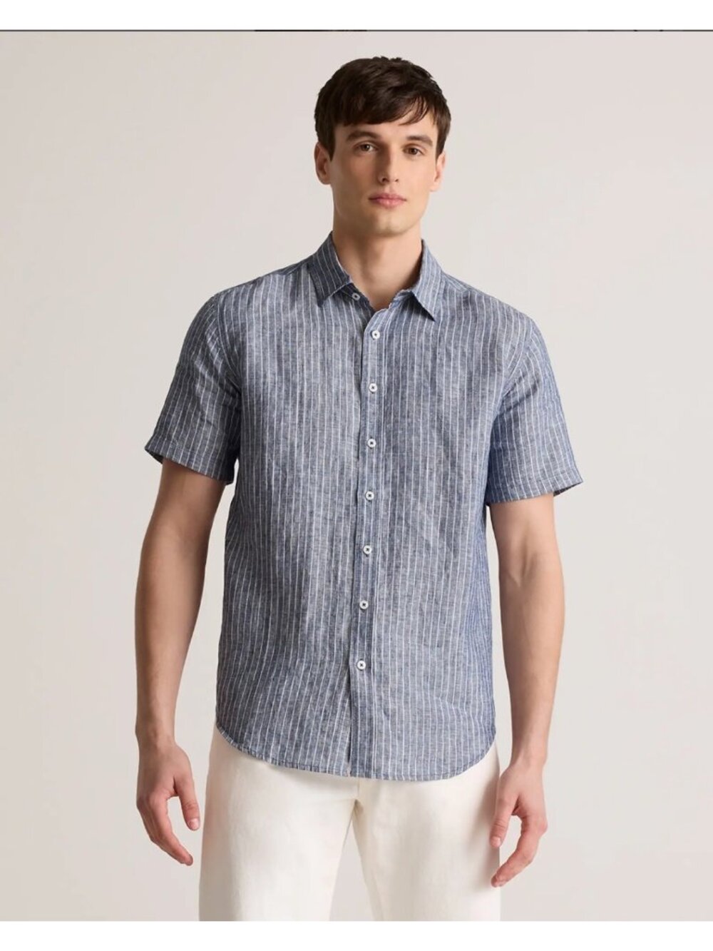 Quince Men's 100% European Linen Short Sleeve Shirt Chambray Stripe Sz M Luxury